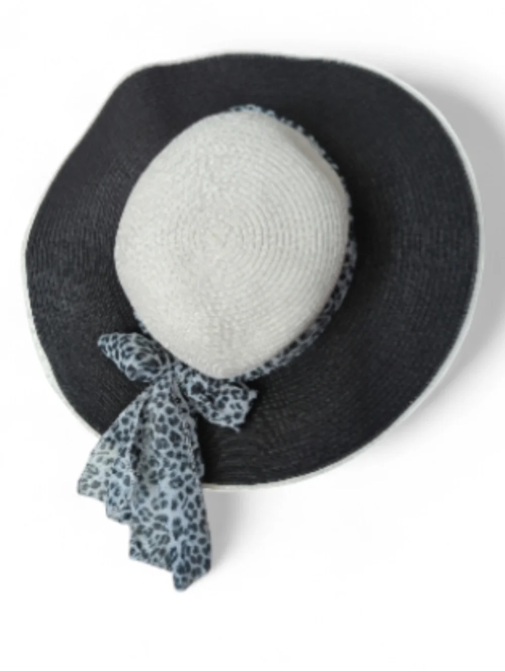 Jacobson Two-Tone Wide Brim Straw Hat with Leopard Scarf Glam Resort Vacation